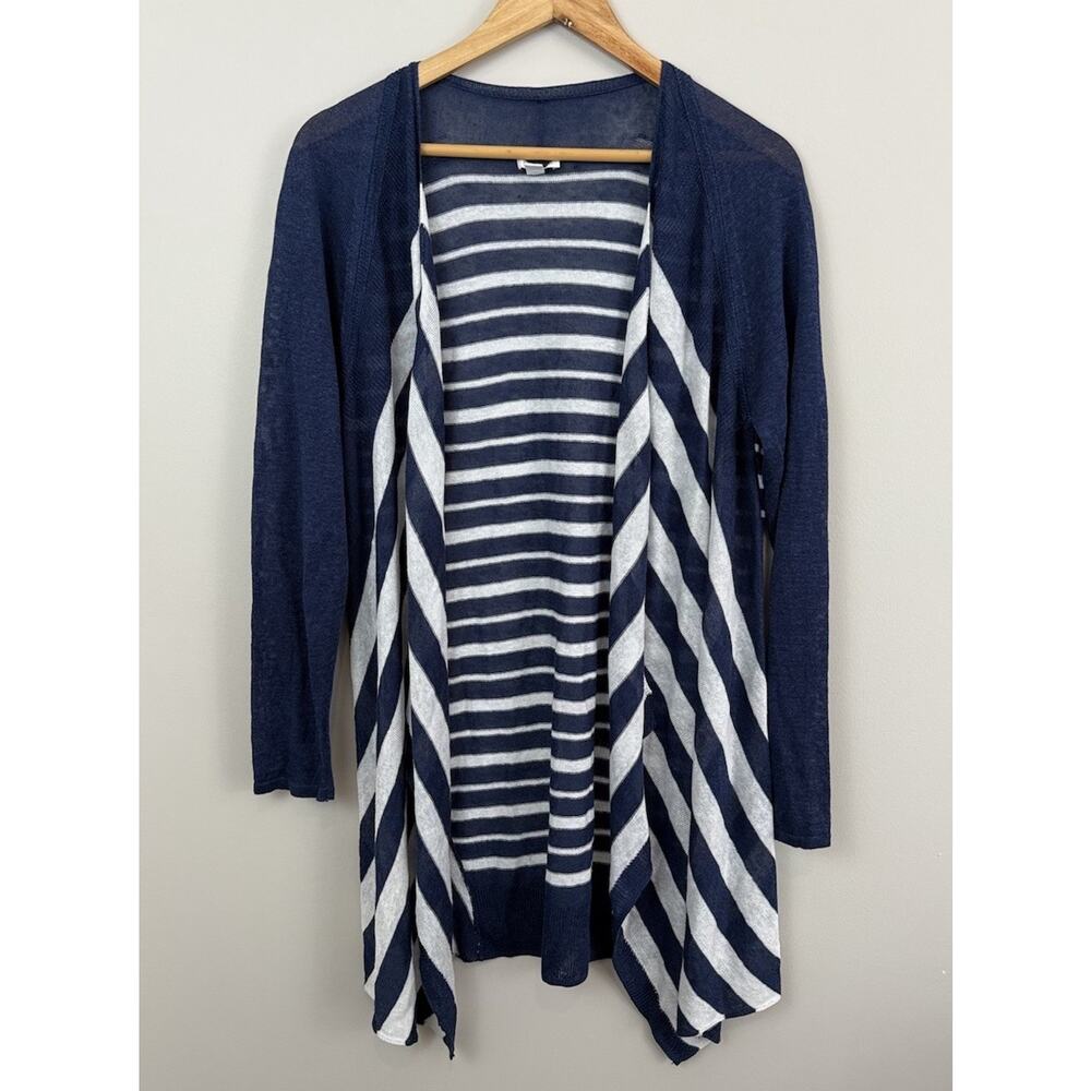 J. Jill Womens Linen Blend Open Front Waterfall Cardigan Sz M Navy White Stripe